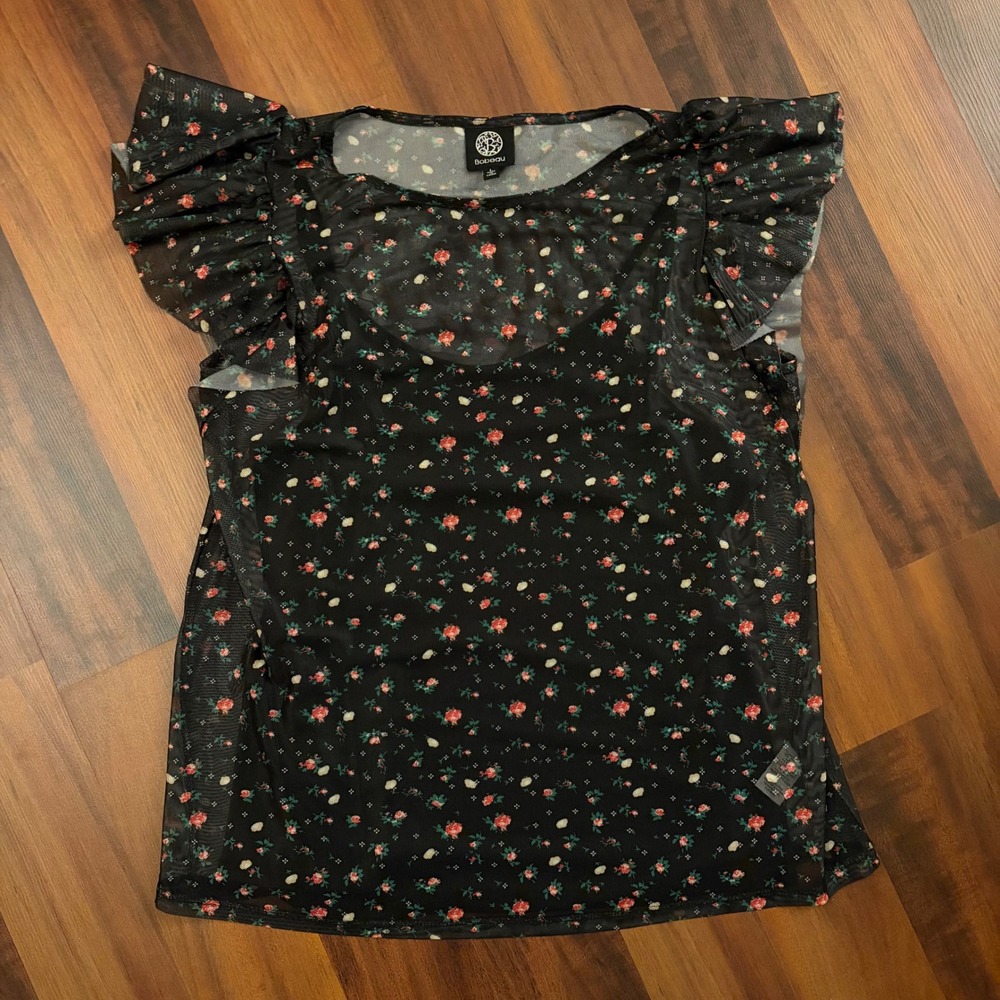 Boboew Black Floral Mesh‎ Flutter Sleeve Top Women's Size L Sheer Ruffle